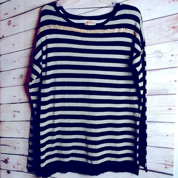 🌟Mudd; Black & Gold Striped Sweater Top M/L (NWT) - Picture 1 of 11